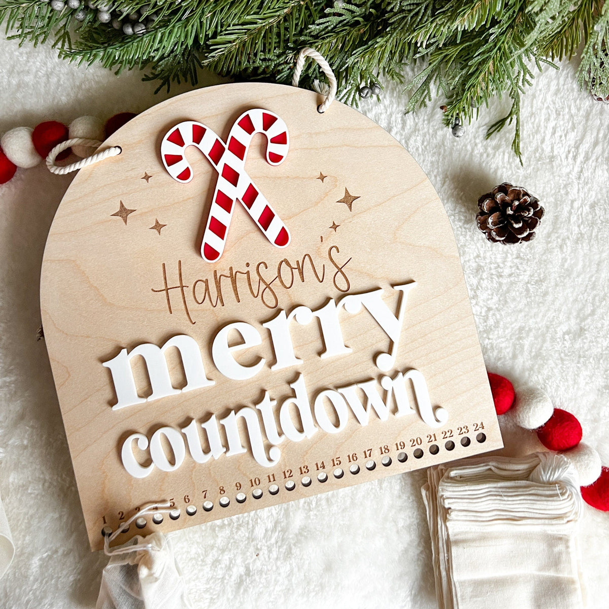 Personalized Advent Calendar Sign | Refillable Christmas Countdown with 24 Cotton Bags | Fill Your Own Advent | Boho Decor