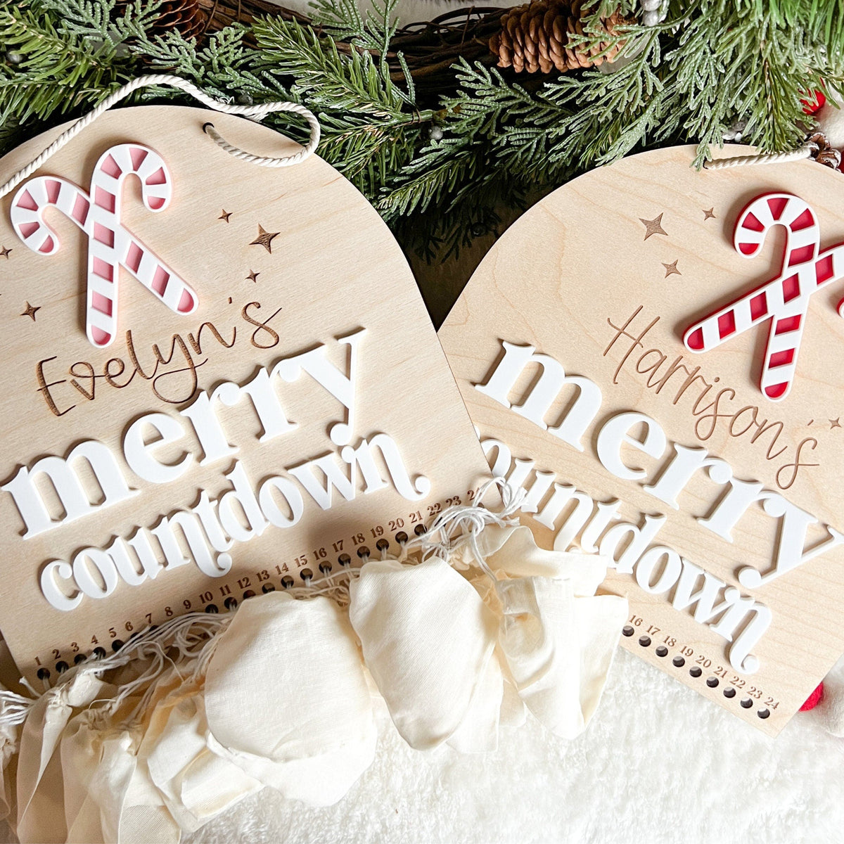 Personalized Advent Calendar Sign | Refillable Christmas Countdown with 24 Cotton Bags | Fill Your Own Advent | Boho Decor