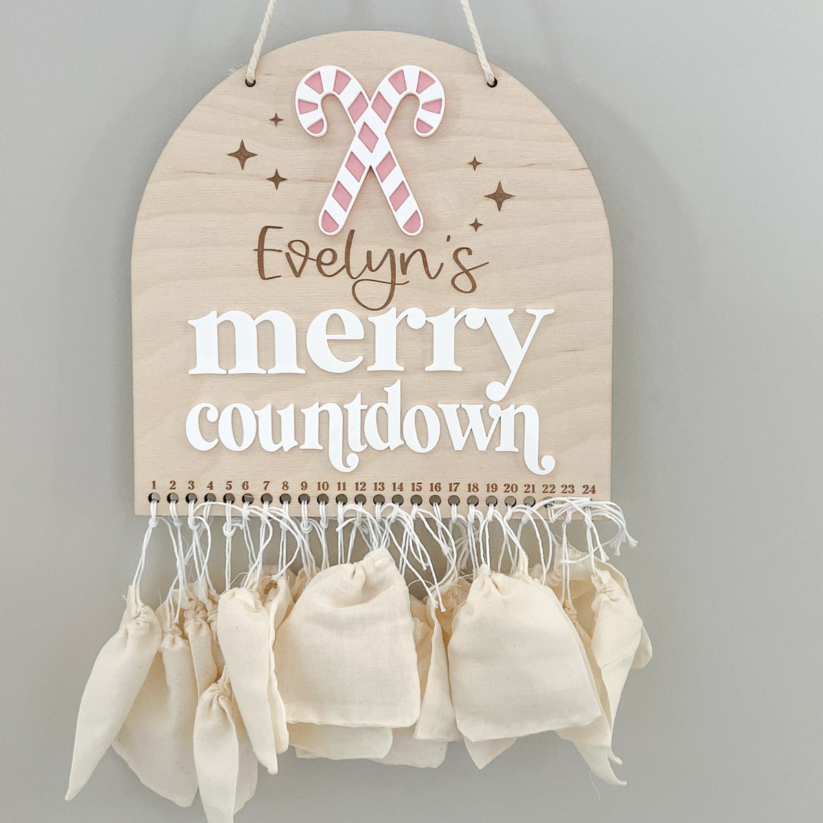 Personalized Advent Calendar Sign | Refillable Christmas Countdown with 24 Cotton Bags | Fill Your Own Advent | Boho Decor