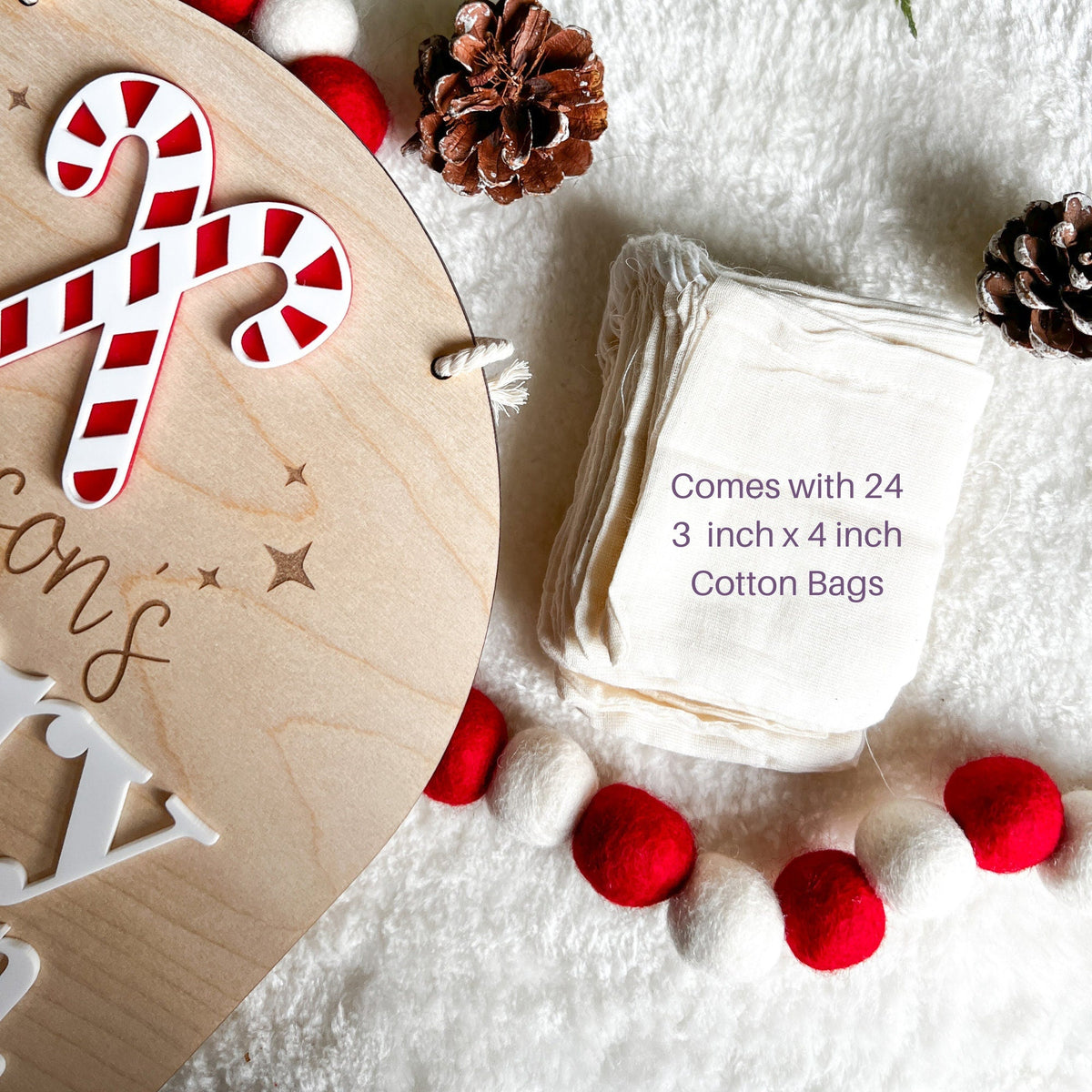 Personalized Advent Calendar Sign | Refillable Christmas Countdown with 24 Cotton Bags | Fill Your Own Advent | Boho Decor